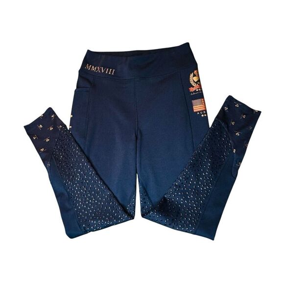 RARE Aubrion Sz 8 Team Riding Tights Navy Blue Leggings Equestrian Style - Picture 2 of 16